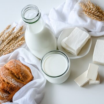 Dairy breakfast with yogurt, milk, butter and bread in natural arrangement on a table
