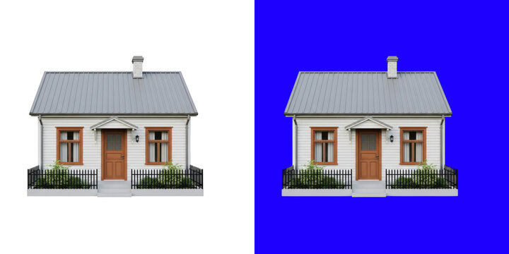 Small suburban house with grey roof and wooden doors 3D render model transparent png