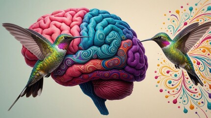 Fototapeta premium Abstract human brain model shows ADHD condition with two vibrant hummingbirds flying around colorful mental structures. Artistic illustration conveys neurodivergent energy, psychological focus.