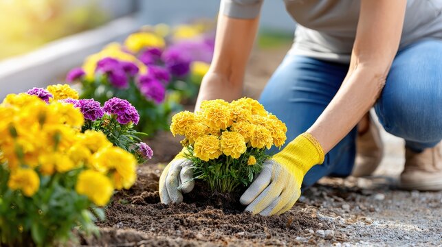 Woman kneeling in garden bed planting flowers in soft sunlight with casual clothes and gloves