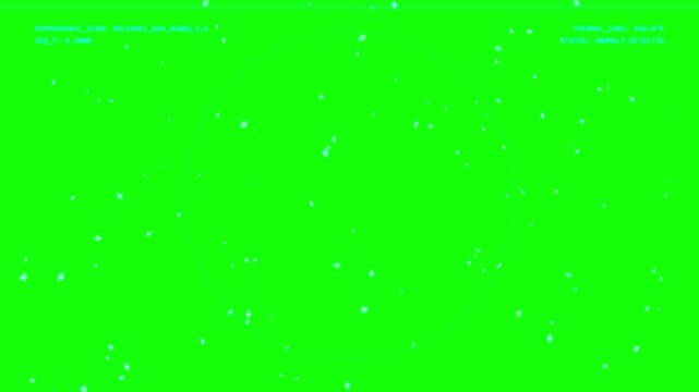 Digital radar interface showing volcanic ash particles on green screen