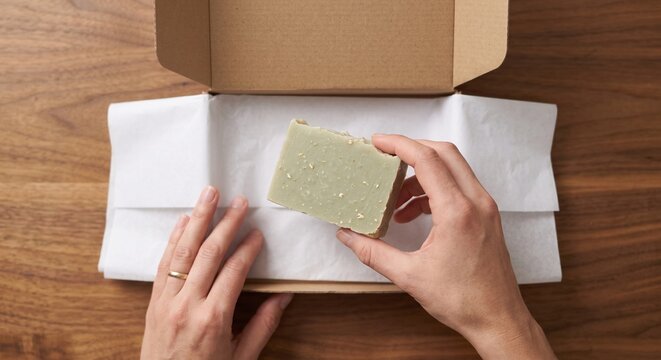 Hands packing natural handmade soap bar in craft cardboard box, flat lay