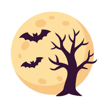 Spooky Halloween Tree Bats Against Full Moon