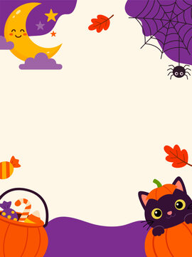 Cute Halloween Background with Cat Moon and Candy