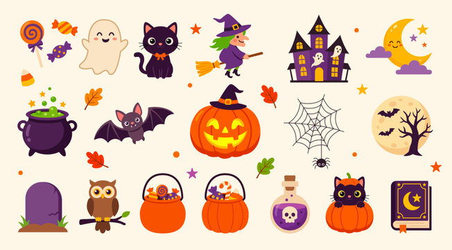 Cute Halloween Characters and Spooky Elements Collection