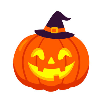 Smiling Halloween Pumpkin Wearing Classic Witch Hat