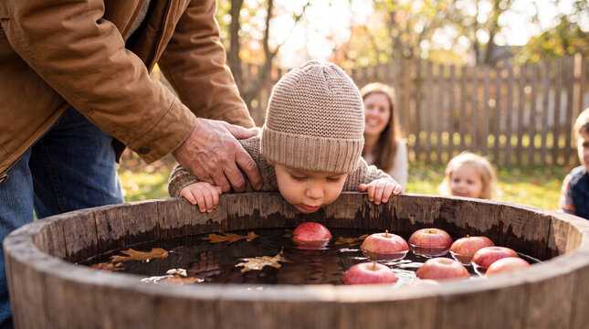Toddler bobbing for apples in a wooden tub with family watching outdoors
