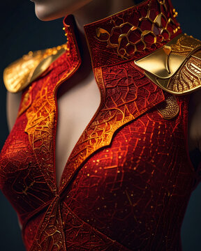 Armor suit costume features gold metal details on red fabric. Science fiction design showcases pauldrons and collar. Concept art for game characters, digital media, and future universe renders.