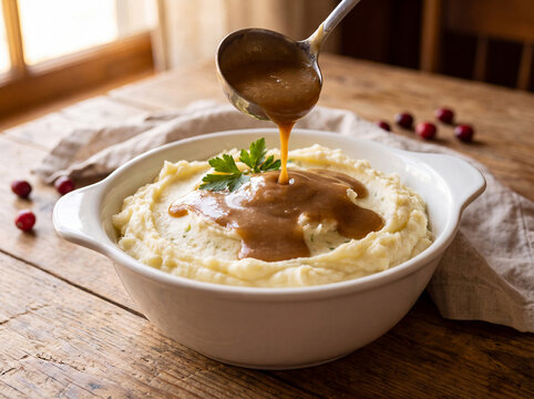 Ladle pouring brown gravy over creamy mashed potatoes in a white serving bowl