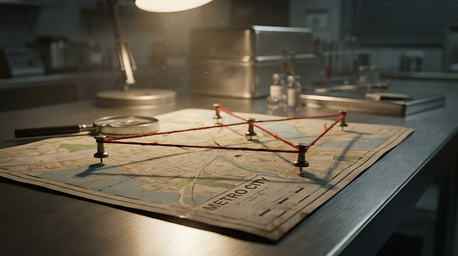Macro detail shot of a detective investigation map with red string and pins on a desk