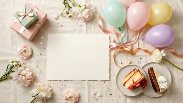 Balloons and gift boxes surround a central blank white card placed on a textured fabric surface for celebration.