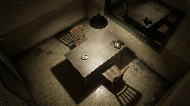 Empty, Somber Interrogation Chamber with Stark Lighting, Reflecting a Gritty Suspense Film Atmosphere