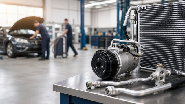 Automotive Air Conditioning Service with Compressor and Cooling Components with Copy Space