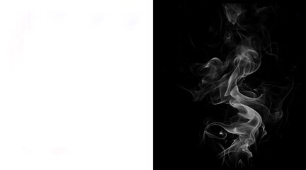 Obraz premium Ethereal white smoke swirl on black background, wispy steam texture overlay, atmospheric vapor trail for creative design and cinematic effects