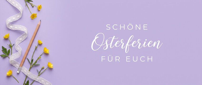 German Easter holiday greeting background with yellow wildflowers white lace ribbon wooden pencil on purple flat lay backdrop for spring school break greeting card header banner. Sch&ouml;ne Osterferien
