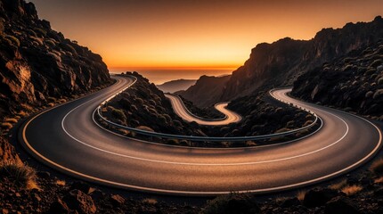 Fototapeta premium Winding asphalt mountain road curves through rocky terrain at sunset. Empty highway path leads toward horizon under orange sky. Scenic travel route between steep hills offers freedom of driving