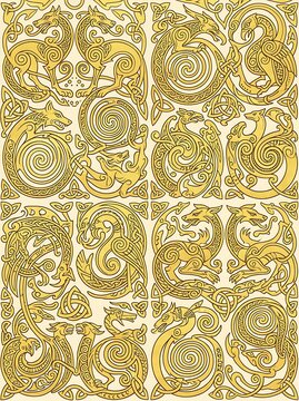 Golden celtic knotwork pattern with mythical animals