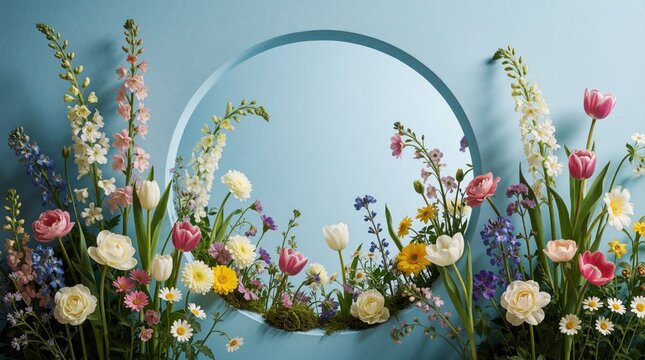 Mixed spring flowers like tulips, roses, and daisies arranged with green leaves against a soft blue background. A circular opening frames a pastel floral composition, adding depth.