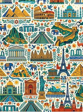 Colorful seamless pattern of global landmarks and historic icons