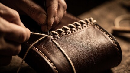 Fototapeta premium Artisan hand sews leather item with needle and thread. Close-up view shows skilled hands crafting custom accessory in workshop. Detail of careful stitching and quality material.