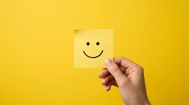 World Mental Health Day Hand holding a yellow sticky note with a drawn smiley face against a yellow