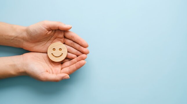 World Mental Health Day Hands cradling a round wooden smiley face on a light blue image photo