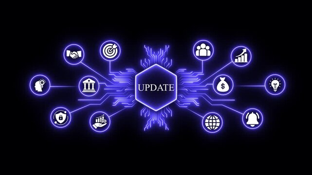 Update digital technology concept with glowing neon and circuit board network background, innovation software