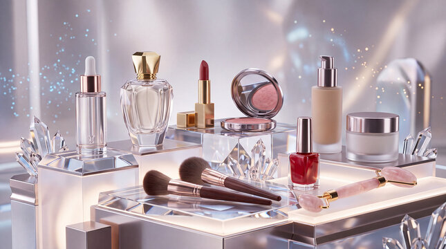 Cosmetics collection including perfume bottles, makeup brushes, and skincare products sits elegantly on reflective glass pedestals under soft ambient lighting to highlight a luxury beauty display.