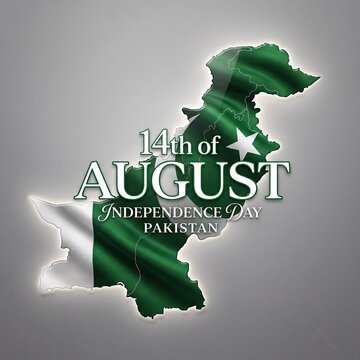 Pakistan Independence Day design featuring the country map filled with the national flag and August 14 typography