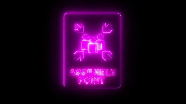 glowing neon assembly point sign icon indicating a safe gathering area during evacuation to ensure safety and prevent chaos in emergencies. Assembly point sign emergency symbol. 4k video animation