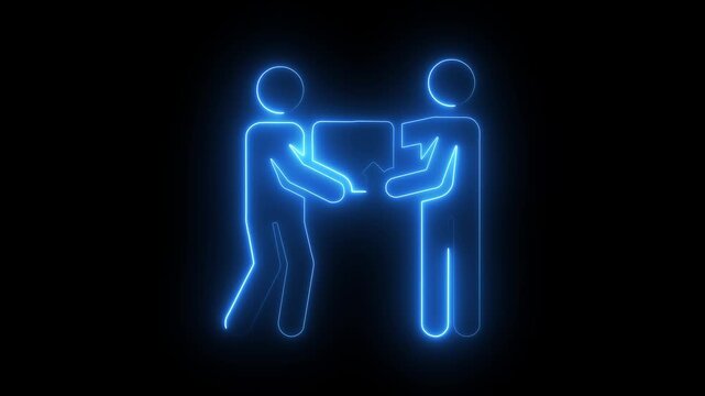 glowing neon delivery person icon isolated on black background, showing package handover to customer, successful shipping, receiving orders, courier service, and e-commerce transactions. 4k