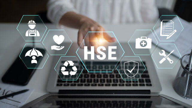 Workplace Safety and Health Management Concept with Digital Icons Representing HSE Practices and Procedures in an Office Environment. Glyphic.