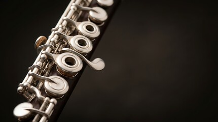 Obraz premium Elegant silver flute keys on a dark background