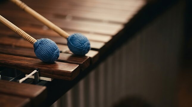 Close up of blue yarn mallets resting on a wooden marimba