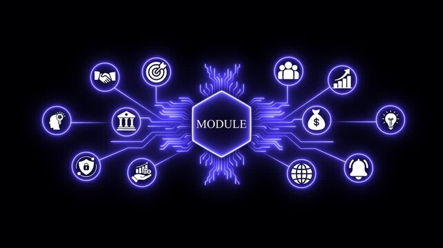 Digital business module concept with glowing neon network and connected data nodes for corporate strategy, financial growth, and technology infographic presentation