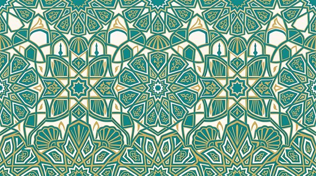 Islamic geometric pattern with teal and gold ornamental stars