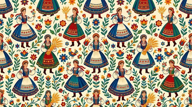 Traditional slavic folk pattern with women and floral elements