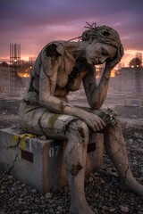 Obraz premium A cracked female concrete figure mourns amid war-torn ruins, clutching dried flowers beneath a dramatic purple sunset. An anti-war concept symbolises civilian suffering, grief, and displacement
