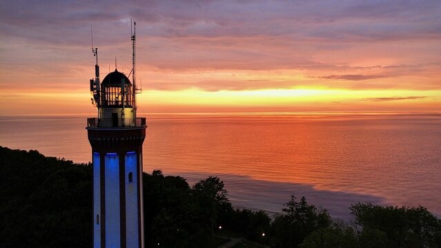 Baltic Sea coast drone view Niechorze lighthouse sunset summer 03
