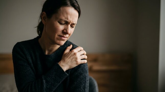 Woman clutching her shoulder in pain at home