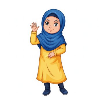 Cartoon illustration of a smiling little girl wearing hijab waving with greeting