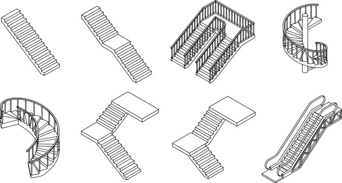 Set of isometric staircase designs including spiral stairs and escalators in black and white line art