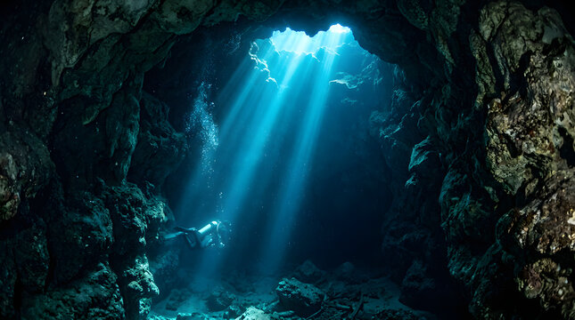 Underwater cave with light rays and scuba diver silhouette.