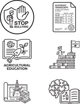 Education and Academic Icons Set Vector Line Art Black and White