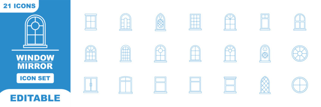 Architecture House Windows Icon Set Featuring Arched Triangular Square Bay Casement Jalousie and Balcony Window Frames for Real Estate Construction and Building Designs. Door icon set. entrance, exit