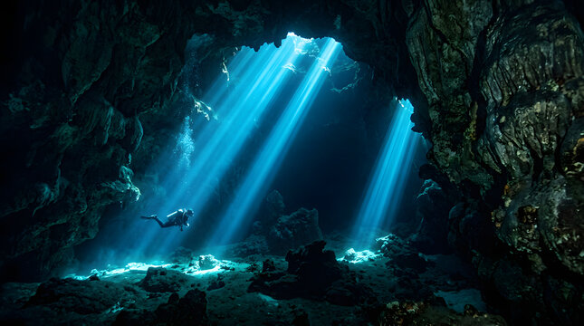 Underwater cave with bright light rays and diver.