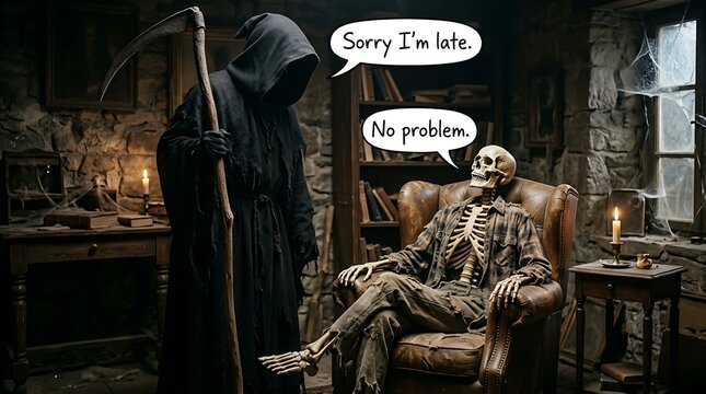 Funny Concept of Death with Grim Reaper Apologizing for Being Late to a Patient Skeleton in an Old Room