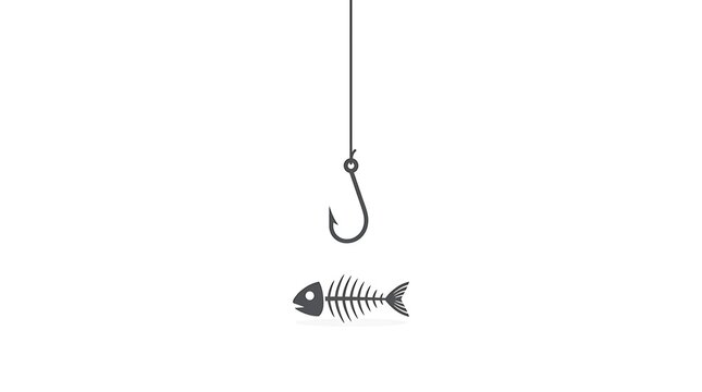 Overfishing concept illustration with fishing hook and fish skeleton bone representing marine extinction and irresponsible fishing practices