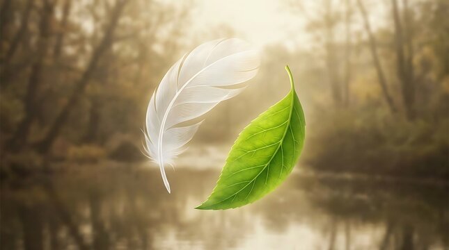 Floating white feather and green leaf forming yin yang balance sign in warm autumn forest nature