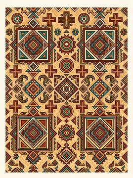 Tribal geometric pattern with intricate ethnic motifs and earthy colors